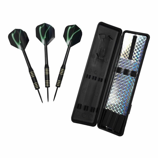 Deluxe Dart-Set 3 Steel-Darts schwarz 18g Dart-Pfeile mit Metallspitze Messing-Griffstück in Kunststoff Box