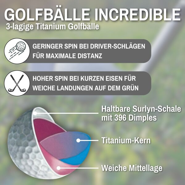 L.A. Sports Golfbälle INCREDIBLE 12 Stück 3-lagige Titanium Soft Golfbälle für maximale Distanz & Kontrolle