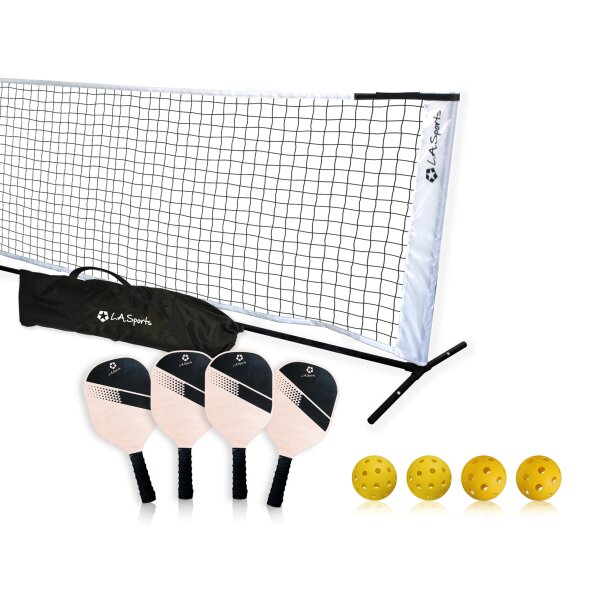 L.A. Sports Pickle-Ball Starter Set 4 Schläger Netzgarnitur 320 cm je 2 Indoor Outdoor-Bälle