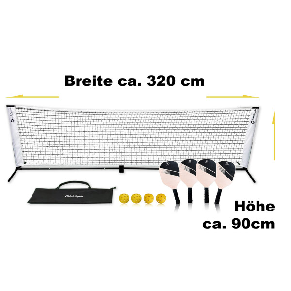 L.A. Sports Pickle-Ball Starter Set 4 Schläger Netzgarnitur 320 cm je 2 Indoor Outdoor-Bälle