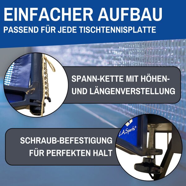L.A. Sports Tischtennis-Netzgarnitur wetterfestes Netz mit Höhen- und Längenverstellung für Plattenstärke bis 4,9 cm