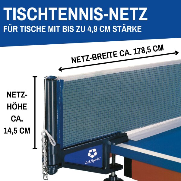 L.A. Sports Tischtennis-Netzgarnitur wetterfestes Netz mit Höhen- und Längenverstellung für Plattenstärke bis 4,9 cm
