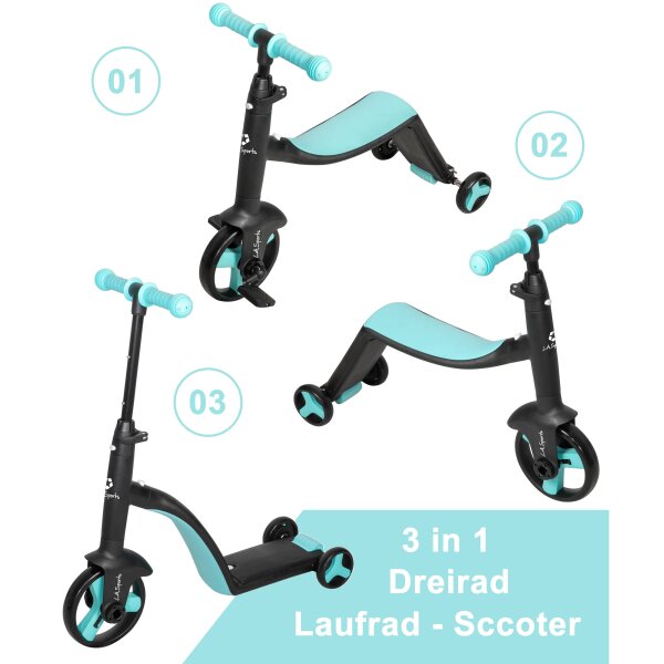 L.A. Sports 3-in-1 Kids Trike Laufrad Dreirad Scooter für Kinder ab 2 jahren