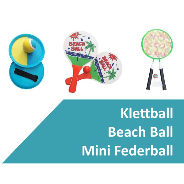 L.A. Sports Garten & Strandspiele Set Beachball Klettball Frisbee Mini-Badminton Boing Ball