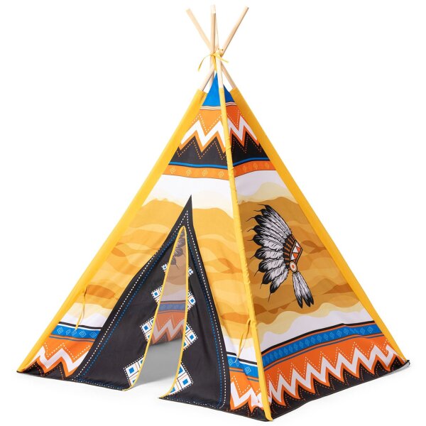 Playfun Wigwam Kinder Spielzelt Tipi mit bunten Motiv drinnen und draußen