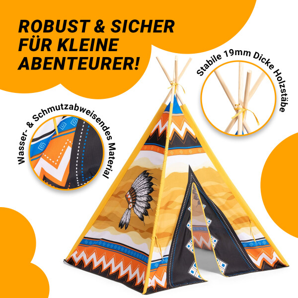 Playfun Wigwam Kinder Spielzelt Tipi mit bunten Motiv drinnen und draußen