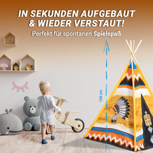 Playfun Wigwam Kinder Spielzelt Tipi mit bunten Motiv drinnen und draußen