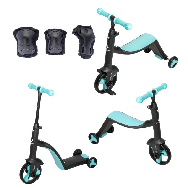 L.A. Sports 3-in-1 Kids Trike Laufrad Dreirad Scooter für Kinder höhenverstellbar mit Schützer-Set Größe S