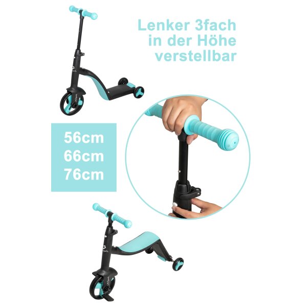 L.A. Sports 3-in-1 Kids Trike Laufrad Dreirad Scooter für Kinder höhenverstellbar mit Schützer-Set Größe S