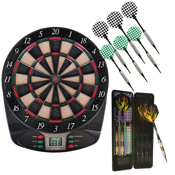 L.A. Sports Elektronische Dartscheibe Classic für 1-8 Spieler mit 9 Softdarts Pfeile und Zubehör-Set