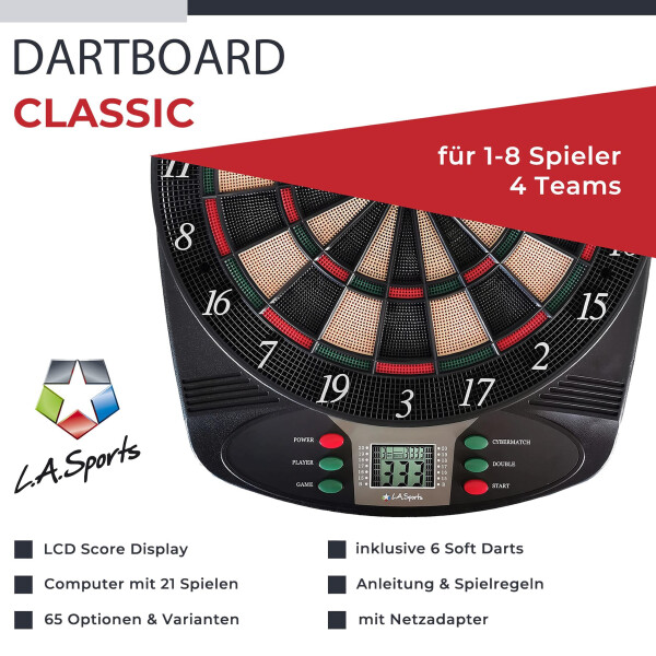 L.A. Sports Elektronische Dartscheibe Classic für 1-8 Spieler mit 9 Softdarts Pfeile und Zubehör-Set