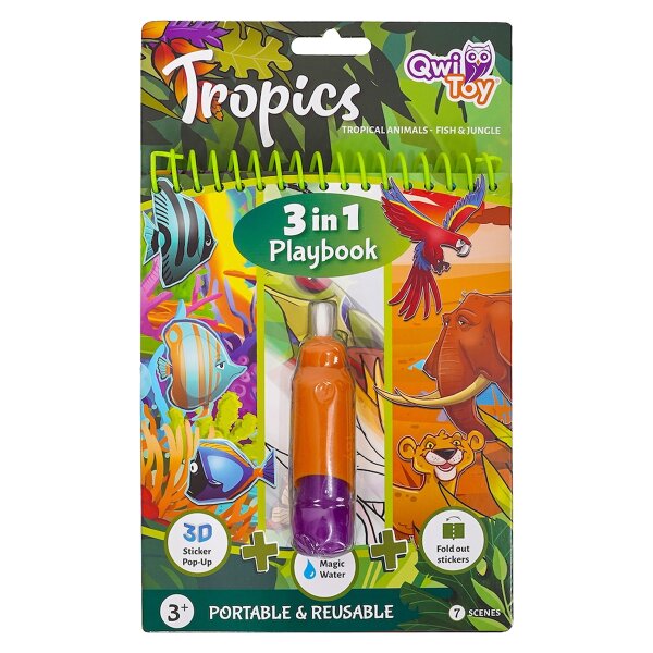 Qwi Toy 3in1 Spielbuch Kinder Wasser Malbuch - Malen mit Wasser mit Wassermal Stift inklusive Aufklappseiten und Stickern