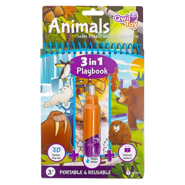 Qwi Toy 3in1 Spielbuch Kinder Wasser Malbuch - Malen mit Wasser mit Wassermal Stift inklusive Aufklappseiten und Stickern