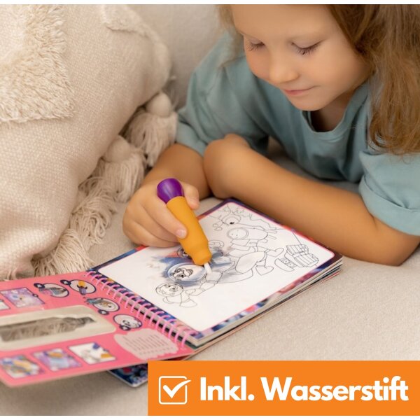 Qwi Toy 3in1 Spielbuch Kinder Wasser Malbuch - Malen mit Wasser mit Wassermal Stift inklusive Aufklappseiten und Stickern