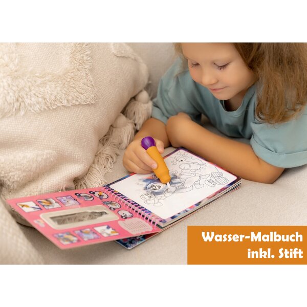 Qwi Toy 2er-Set 3in1 Kinder Spielbuch Wasser-Malbuch mit Aufklappseiten inkl. Stift & wiederverwendbaren Stickern