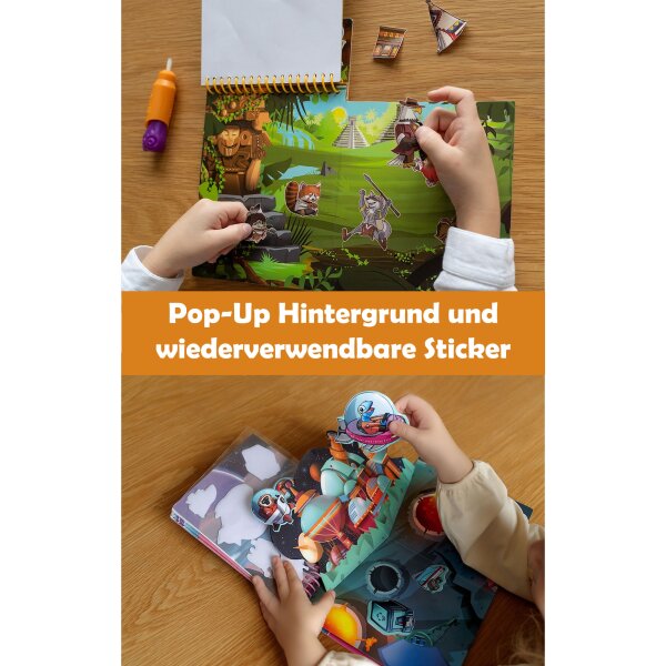 Qwi Toy 2er-Set 3in1 Kinder Spielbuch Wasser-Malbuch mit Aufklappseiten inkl. Stift & wiederverwendbaren Stickern