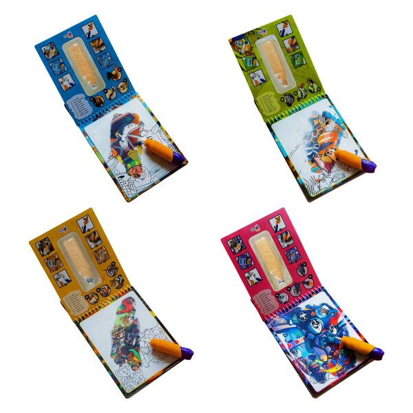 Qwi Toy 4er-Set 3in1 Kinder Wasser Malbuch - Malen mit Wasser mit Wassermal Stift inklusive Aufklappseiten und Stickern